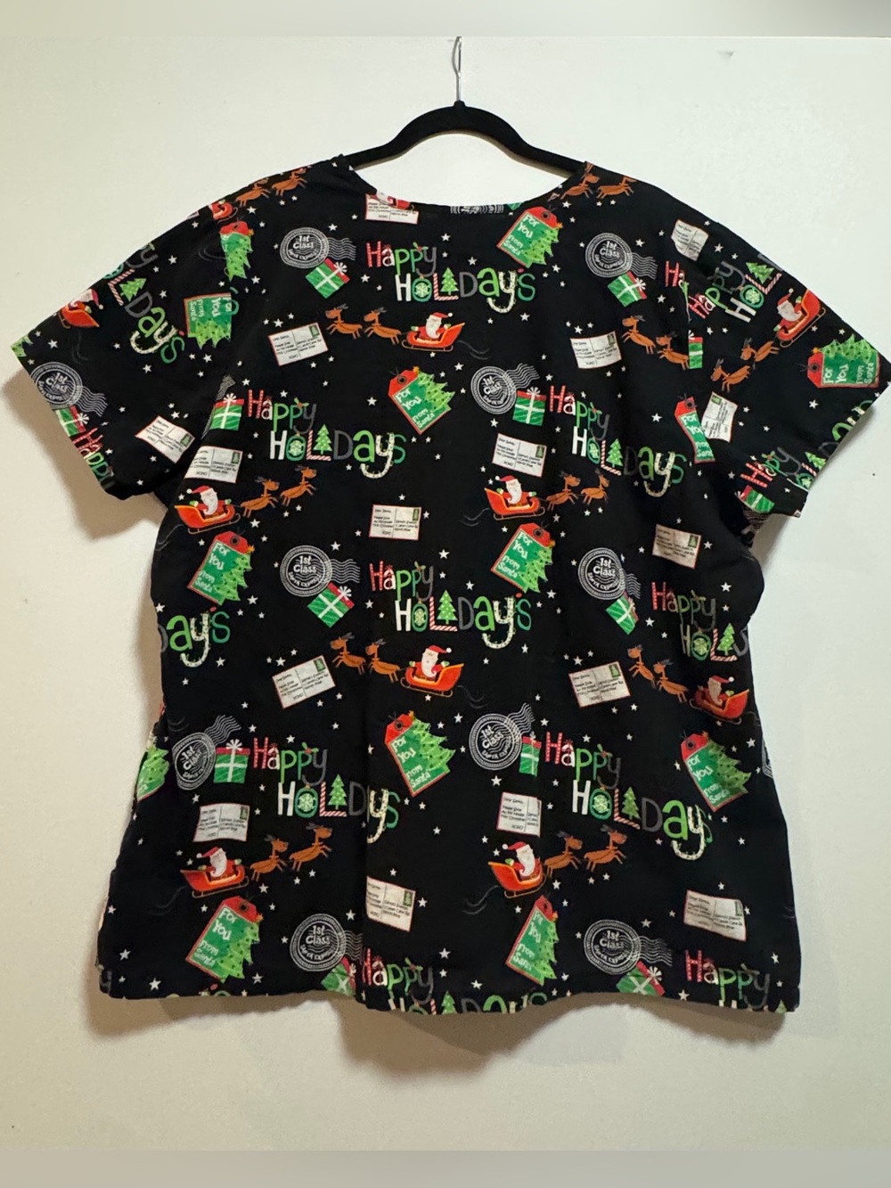 Scrubstar Women’s Black Holiday Print Scrub Top “Santa’s Night Flight” 2XL